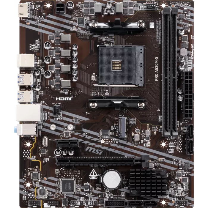 Материнская плата MSI PRO A520M-S Soc-AM4 AMD A520 2xDDR4 mATX AC`97 8ch(7.1) GbLAN RAID+HDMI