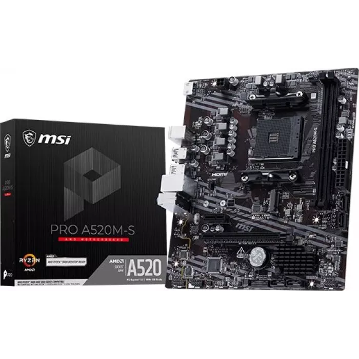 Материнская плата MSI PRO A520M-S Soc-AM4 AMD A520 2xDDR4 mATX AC`97 8ch(7.1) GbLAN RAID+HDMI