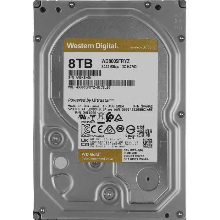 Жесткий диск Western Digital 3.5' 8TB WD8005FRYZ Gold SATA3, Cache 256MB, 7200 rpm