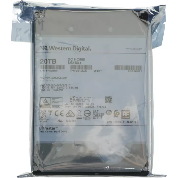 Жесткий диск WD SATA-III 20TB 0B48696 WUH722020CLE604 Ultrastar DC HC555 512E (7200rpm) 512Mb 3.5"