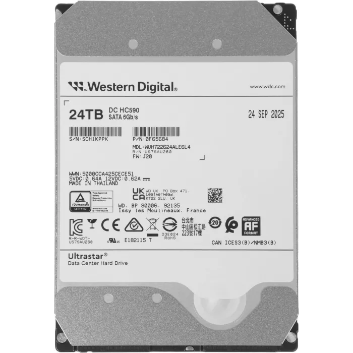 Жесткий диск WD SATA-III 24TB 0F65684 WUH722624ALE6L4 Ultrastar DC HC590 4KN (7200rpm) 512Mb 3.5"