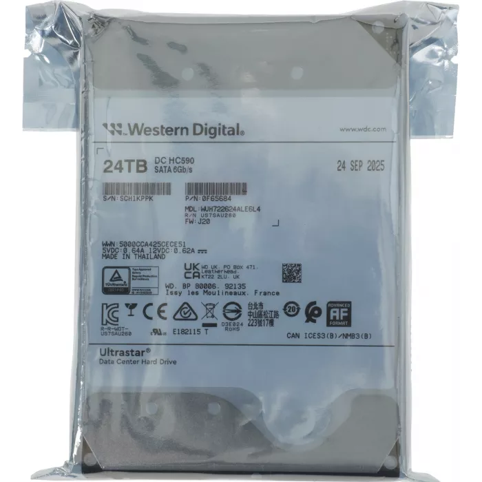 Жесткий диск WD SATA-III 24TB 0F65684 WUH722624ALE6L4 Ultrastar DC HC590 4KN (7200rpm) 512Mb 3.5"