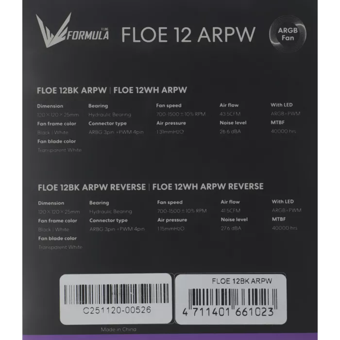 Вентилятор для корпуса Formula Floe 12BK ARGB 120х120x25 черный 4-pin 26.8дБ (FLOE 12BK ARPW) Ret