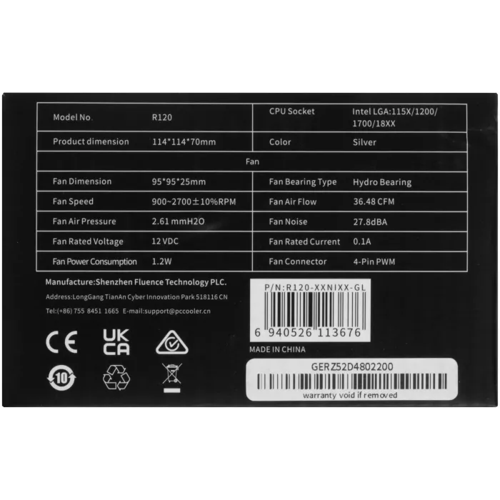 Устройство охлаждения(кулер) PcCooler R120 Soc-1200/1700/1851 серебристый 4-pin 27.8dB Al 95W 191gr Ret (R120-XXNIXX-GL)