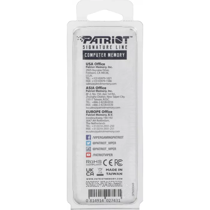 Память DDR4 16GB 2666MHz Patriot PSD416G266681 Signature RTL PC4-21300 CL19 DIMM UDIMM 288-pin 1.2В single rank Ret