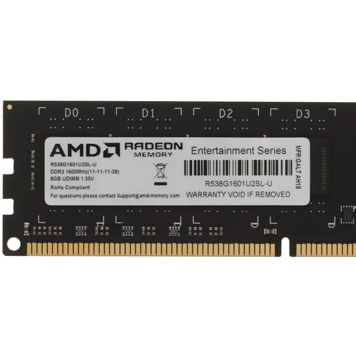 Память DDR3L 8GB 1600MHz AMD R538G1601U2SL-U RTL PC3-12800 CL11 DIMM UDIMM 240-pin 1.35В Ret