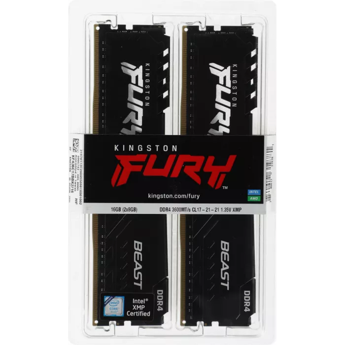 Память DDR4 2x8GB 3600MHz Kingston KF436C17BBK2/16 Fury Beast RTL Gaming PC4-28800 CL17 DIMM UDIMM 288-pin 1.35В kit single rank с радиатором Ret