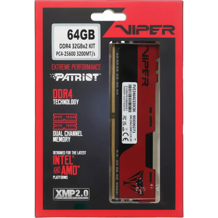 Память DDR4 2x32GB 3200MHz Patriot PVE2464G320C8K Viper Elite II RTL Gaming PC4-25600 CL18 DIMM UDIMM 288-pin 1.35В kit с радиатором Ret