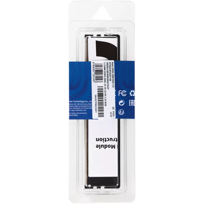 Память DDR4 8GB 2666MHz Netac NTBSD4P26SP-08 Basic RTL PC4-21300 CL19 DIMM UDIMM 288-pin 1.2В single rank Ret