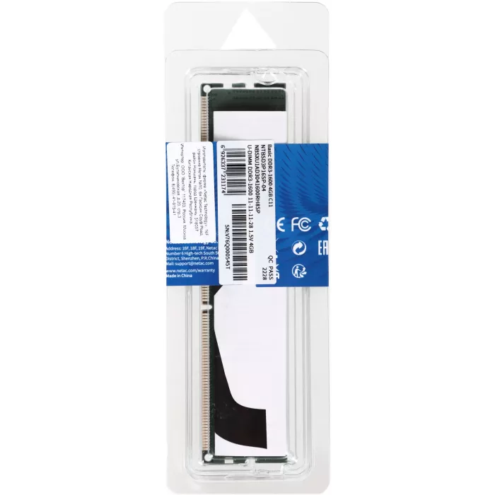 Память DDR3 4GB 1600MHz Netac NTBSD3P16SP-04 Basic RTL PC3-12800 CL11 DIMM UDIMM 240-pin 1.5В dual rank Ret