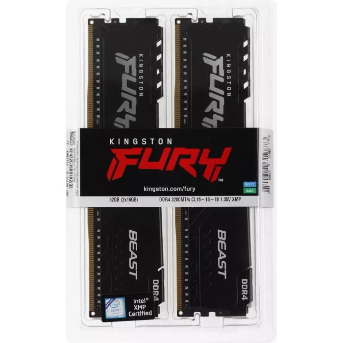 Память DDR4 2x16GB 3200MHz Kingston KF432C16BB1K2/32 Fury Beast RTL Gaming PC4-25600 CL16 DIMM UDIMM 288-pin 1.35В dual rank с радиатором Ret