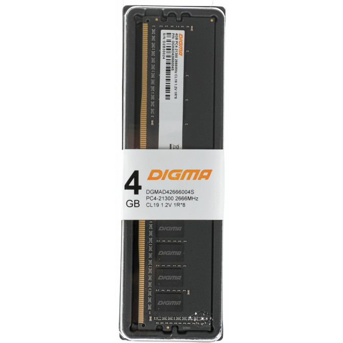 Память DDR4 4GB 2666MHz Digma DGMAD42666004S RTL PC4-21300 CL19 DIMM UDIMM 288-pin 1.2В single rank Ret