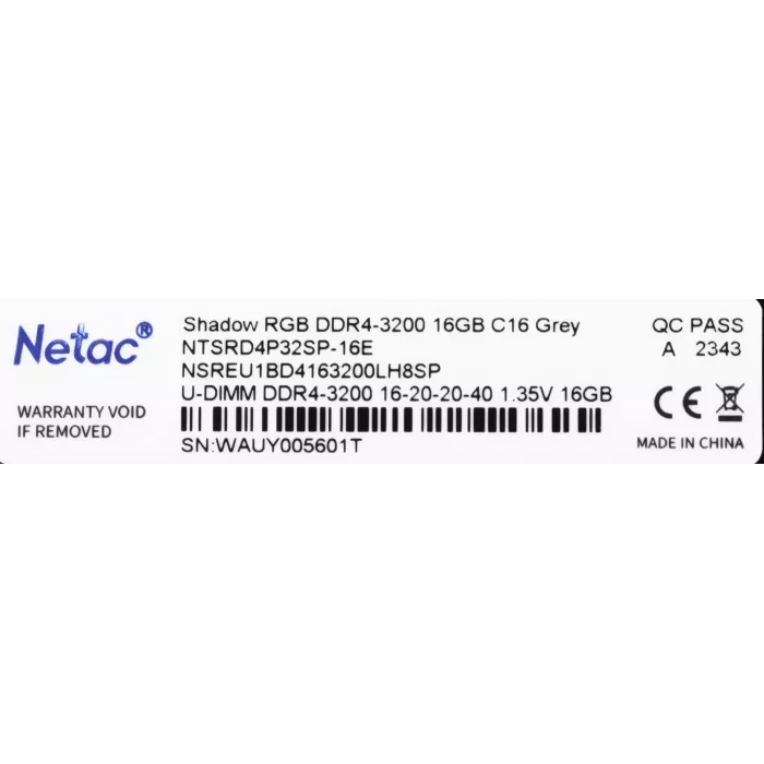 Память DDR4 16GB 3200MHz Netac NTSRD4P32SP-16E Shadow RGB RTL Gaming PC4-25600 CL16 DIMM UDIMM 288-pin 1.35В single rank с радиатором Ret