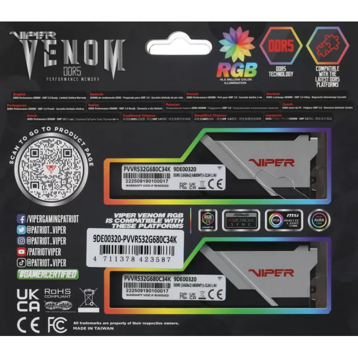 Память DDR5 2x16GB 6800MHz Patriot PVVR532G680C34K Viper Venom RGB RTL Gaming PC5-54400 CL34 DIMM UDIMM 288-pin 1.4В kit с радиатором Ret