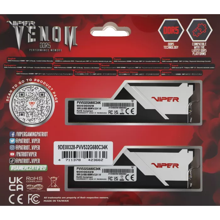 Память DDR5 2x16GB 6800MHz Patriot PVV532G680C34K Viper Venom RTL Gaming PC5-54400 CL34 DIMM UDIMM 288-pin 1.4В с радиатором Ret