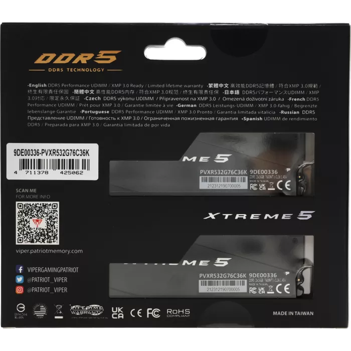 Память DDR5 2x16GB 7600MHz Patriot PVXR532G76C36K Viper Xtreme RGB RTL Gaming PC5-60800 CL36 DIMM UDIMM 288-pin 1.45В с радиатором Ret