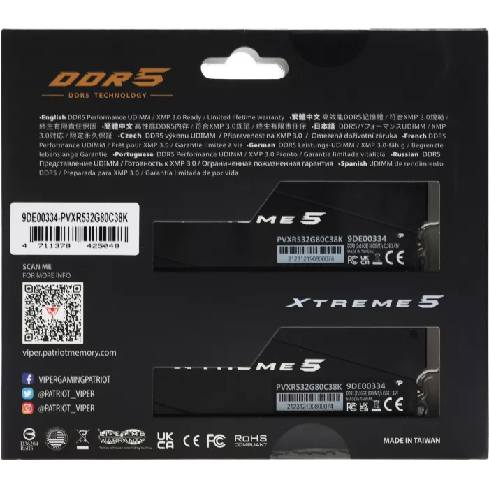 Память DDR5 2x16GB 8000MHz Patriot PVXR532G80C38K Viper Xtreme 5 RGB RTL Gaming PC5-64000 CL38 DIMM UDIMM 288-pin 1.45В с радиатором Ret