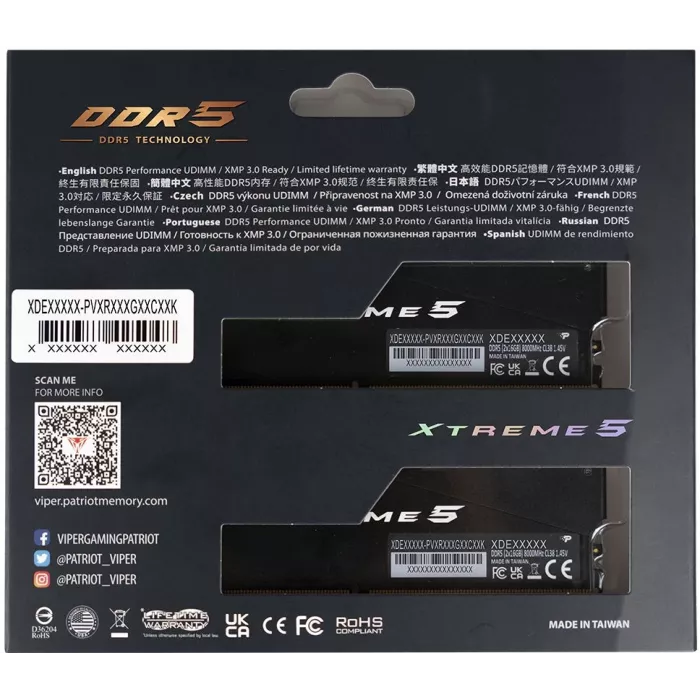 Память DDR5 2x16GB 8000MHz Patriot PVXR532G80C38K Viper Xtreme 5 RGB RTL Gaming PC5-64000 CL38 DIMM UDIMM 288-pin 1.45В с радиатором Ret