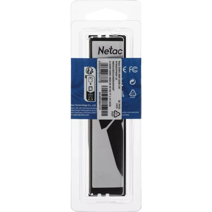 Память DDR5 16GB 4800MHz Netac NTBSD5P48SP-16 Basic RTL Gaming PC5-38400 CL40 DIMM UDIMM 288-pin 1.1В Intel single rank Ret