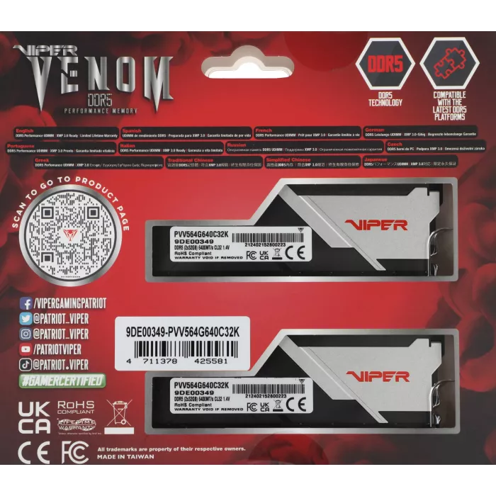 Память DDR5 2x32GB 6400MHz Patriot PVV564G640C32K Viper Venom RTL Gaming PC5-51200 CL32 DIMM UDIMM 288-pin 1.4В с радиатором Ret