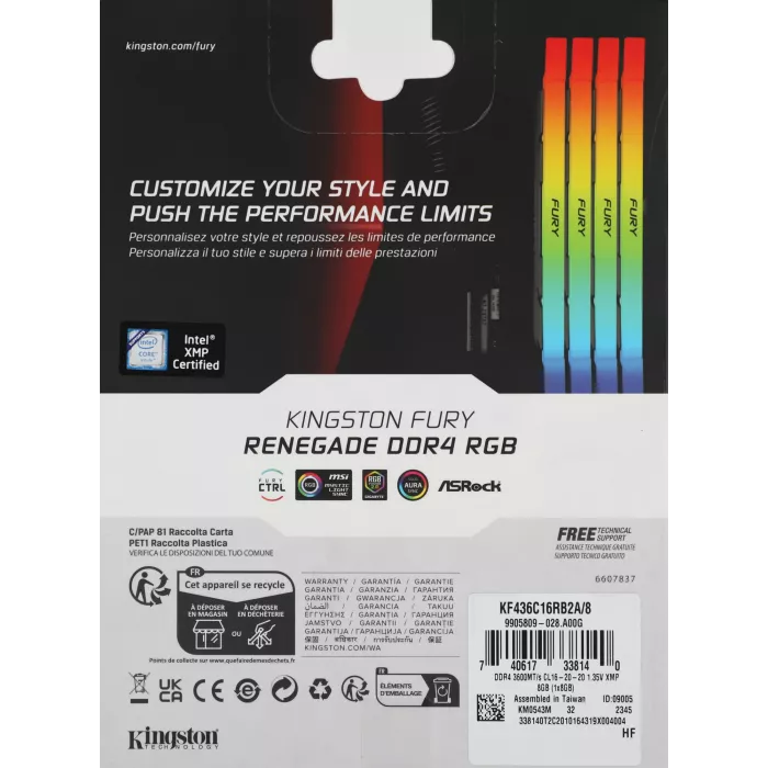 Память DDR4 8GB 3600MHz Kingston KF436C16RB2A/8 Fury Renegade RGB RTL Gaming PC4-28800 CL16 DIMM UDIMM 288-pin 1.35В dual rank с радиатором Ret