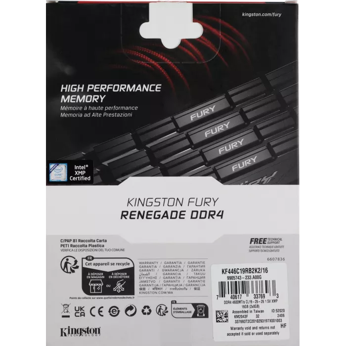 Память DDR4 2x8GB 4600МГц Kingston KF446C19RB2K2/16 Fury Renegade Black RTL Gaming PC4-36800 CL19 DIMM UDIMM 288-pin 1.5В kit dual rank с радиатором Ret