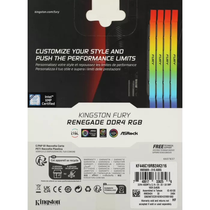 Память DDR4 2x8GB 4600МГц Kingston KF446C19RB2AK2/16 Fury Renegade RGB RTL Gaming PC4-36800 CL19 DIMM UDIMM 288-pin 1.5В kit single rank с радиатором Ret