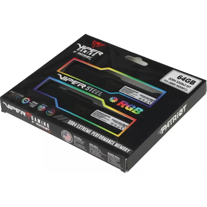 Память DDR4 2x32GB 3600MHz Patriot PVSR464G360C0K Viper Steel RGB RTL Gaming PC4-28800 CL20 DIMM UDIMM 288-pin 1.35В dual rank с радиатором Ret