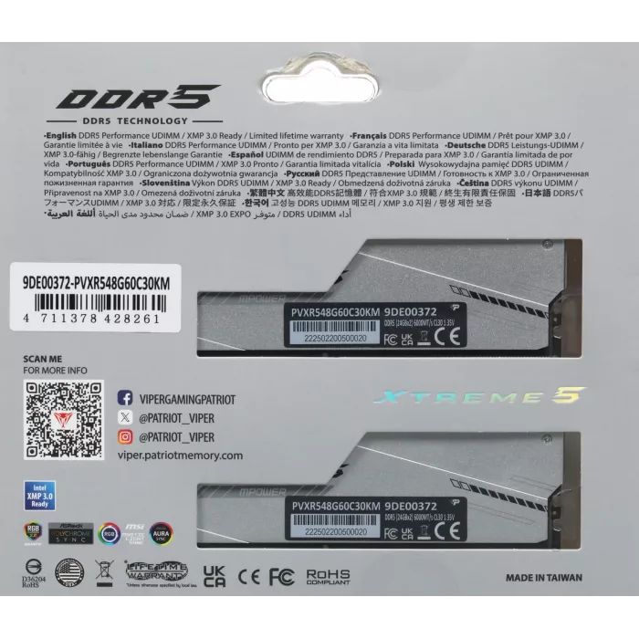 Память DDR5 2x24GB 6000MHz Patriot PVXR548G60C30KM Viper Xtreme 5 RGB RTL Gaming PC5-48000 CL30 DIMM UDIMM 288-pin 1.35В с радиатором Ret