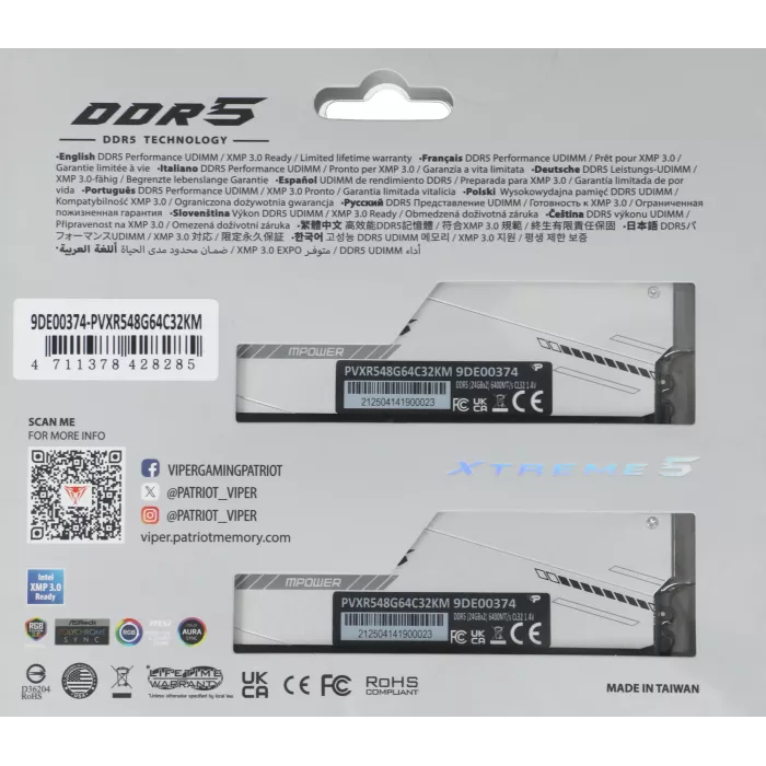 Память DDR5 2x24GB 6400MHz Patriot PVXR548G64C32KM Viper Xtreme 5 RGB RTL Gaming PC5-51200 CL32 DIMM UDIMM 288-pin 1.4В с радиатором Ret