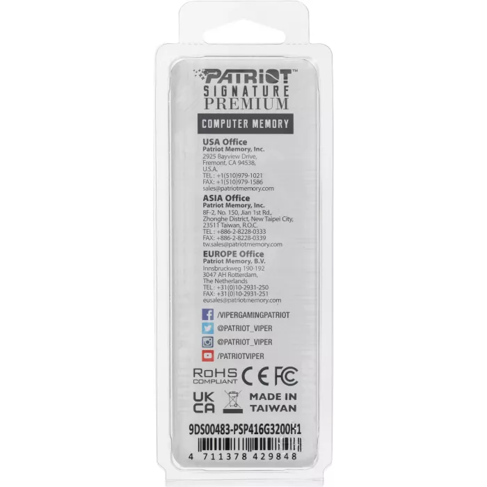 Память DDR4 16GB 3200MHz Patriot PSP416G3200H1 Signature Premium RTL PC4-25600 CL22 DIMM UDIMM 288-pin 1.2В dual rank с радиатором Ret