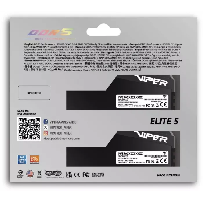 Память DDR5 2x32GB 6000MHz Patriot VEU564G6028K Viper Elite 5 Ultra RTL Gaming PC5-48000 CL28 DIMM UDIMM 288-pin 1.4В kit single rank с радиатором Ret