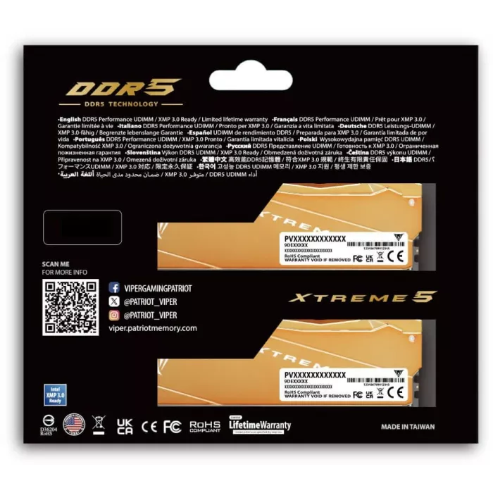 Память DDR5 2x16GB 8000MHz Patriot VXA532G8038K Viper Xtreme 5 Aurum RTL Gaming PC5-64000 CL38 DIMM UDIMM 288-pin 1.4В с радиатором Ret