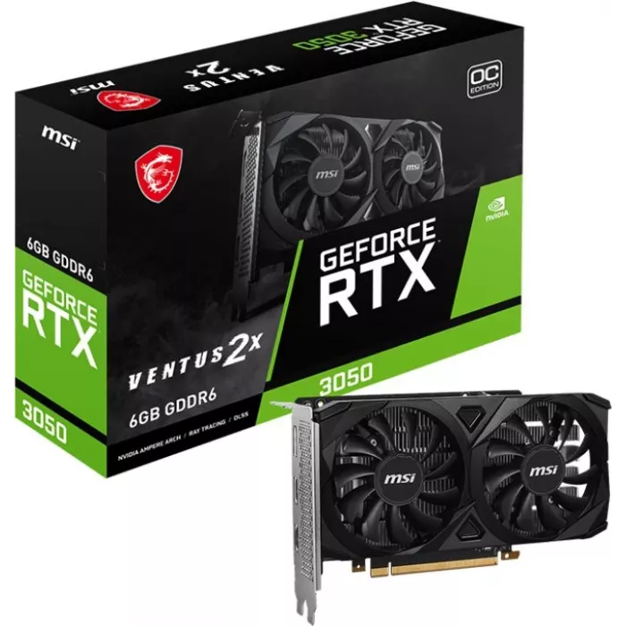 Видеокарта MSI PCI-E 4.0 RTX 3050 VENTUS 2X E 6G OC NVIDIA GeForce RTX 3050 6Gb 96bit GDDR6 1492/14000 HDMIx2 DPx1 HDCP Ret