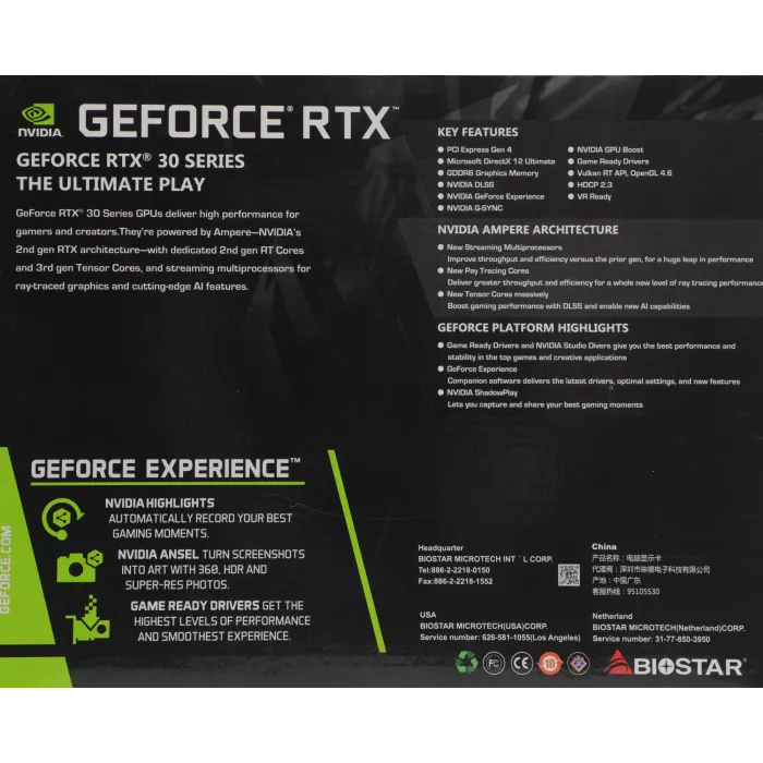 Видеокарта Biostar PCI-E 4.0 VN3606TM82 NVIDIA GeForce RTX 3060Ti 8Gb 256bit GDDR6 1410/14000 HDMIx1 DPx3 HDCP Ret