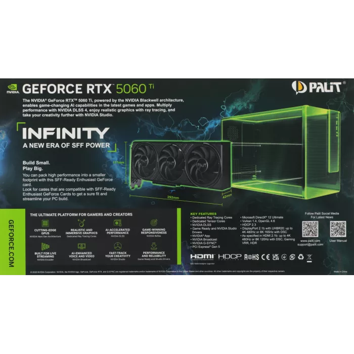 Видеокарта Palit PCI-E 5.0 PA-RTX5060Ti INFINITY 3 NVIDIA GeForce RTX 5060TI 16Gb 128bit GDDR7 2407/28000 HDMIx1 DPx3 HDCP Ret