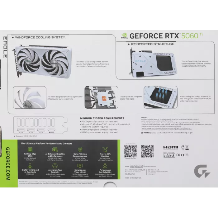 Видеокарта Gigabyte PCI-E 5.0 GV-N506TEAGLEOC ICE-8GD 1.0 NVIDIA GeForce RTX 5060TI 8Gb 128bit GDDR7 2572/28000 HDMIx1 DPx3 HDCP Ret