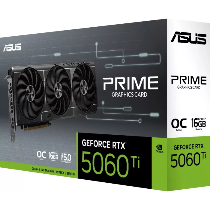 Видеокарта Asus PCI-E 5.0 PRIME-RTX5060TI-O16G NVIDIA GeForce RTX 5060TI 16Gb 128bit GDDR7 2617/28000 HDMIx1 DPx3 HDCP Ret