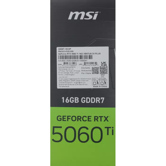 Видеокарта MSI PCI-E 5.0 RTX 5060 TI 16G VENTUS 2X PLUS NVIDIA GeForce RTX 5060TI 16Gb 128bit GDDR7 2572/28000 HDMIx1 DPx3 HDCP Ret