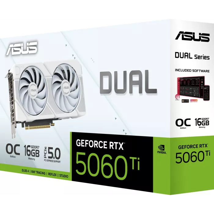 Видеокарта Asus PCI-E 5.0 DUAL-RTX5060TI-O16G-WHITE NVIDIA GeForce RTX 5060TI 16Gb 128bit GDDR7 2602/28000 HDMIx1 DPx3 HDCP Ret