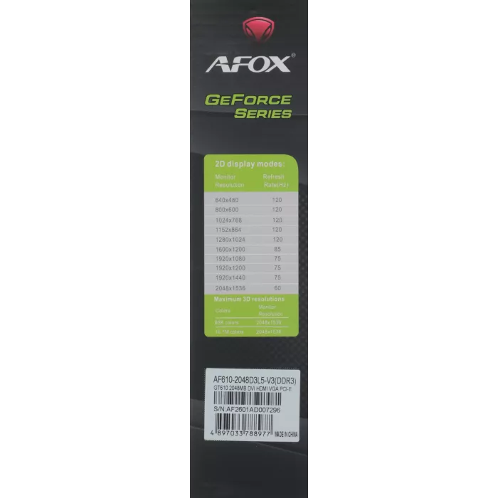 Видеокарта Afox PCI-E 3.0 AF610-2048D3L5-V3 NVIDIA GeForce GT 610 2Gb 64bit DDR3 810/1333 DVIx1 HDMIx1 CRTx1 HDCP Ret low profile