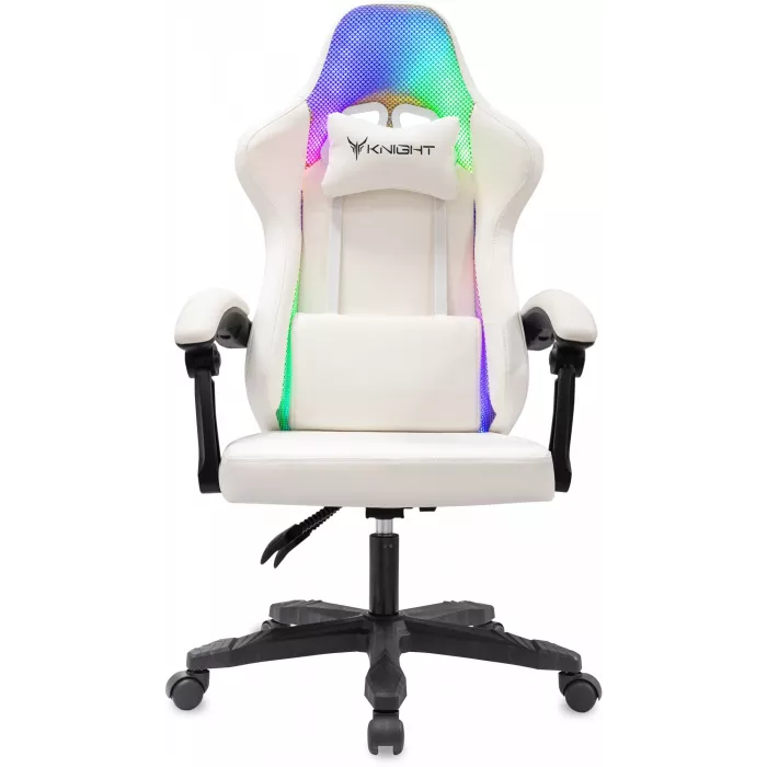 Кресло игровое Knight Wolf RGB белый экокожа/ткань с подголов. крестов. пластик