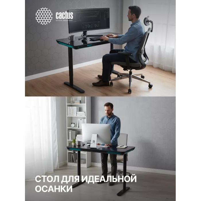Стол для компьютера Cactus CS-EGD-LED электропривод столешница закаленное стекло черный каркас черный 120x72x60см (CS-EGD-BK-LED)