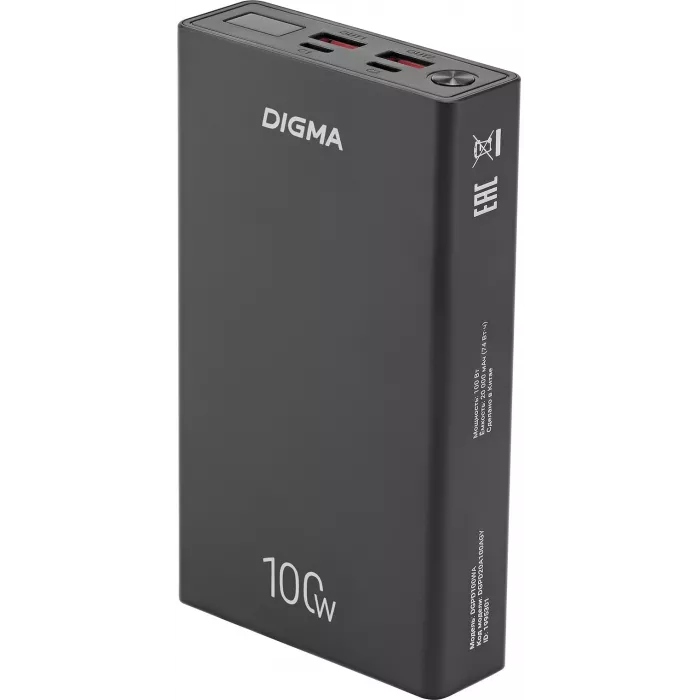 Мобильный аккумулятор Digma DGPD100WA 20000mAh QC3.0/PD3.0 100W 5A 2xUSB-A/2xUSB-C черный (DGPD20A100ABK)