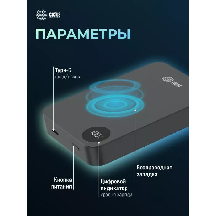 Мобильный аккумулятор Cactus CS-PBFSTA-10000 10000mAh 22.5W 4.5A USB-C беспров.зар. серый