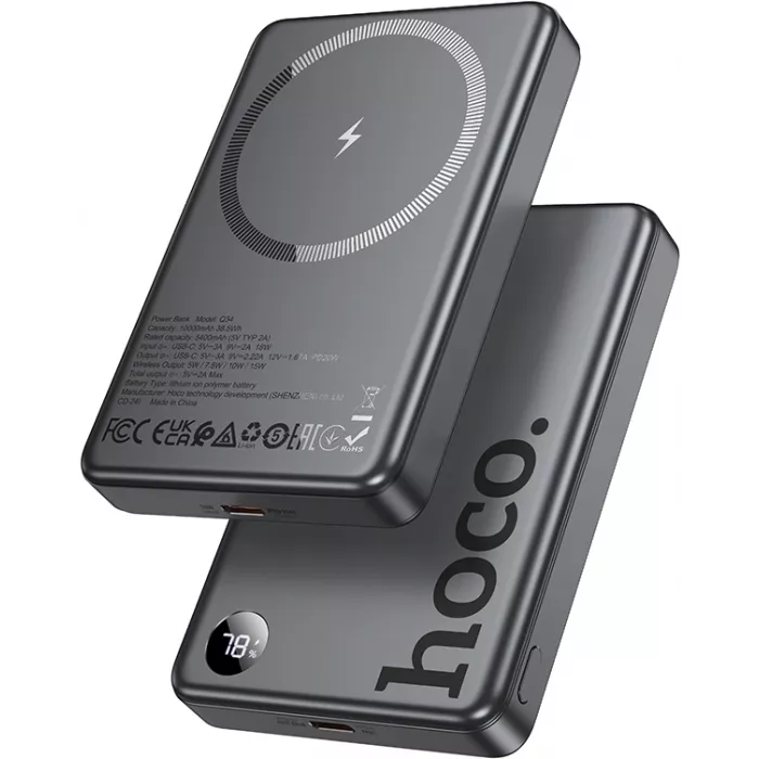 Мобильный аккумулятор Hoco Q34 Clever 10000mAh QC3.0/PD3.0 20W 3A беспров.зар. серый (44068)
