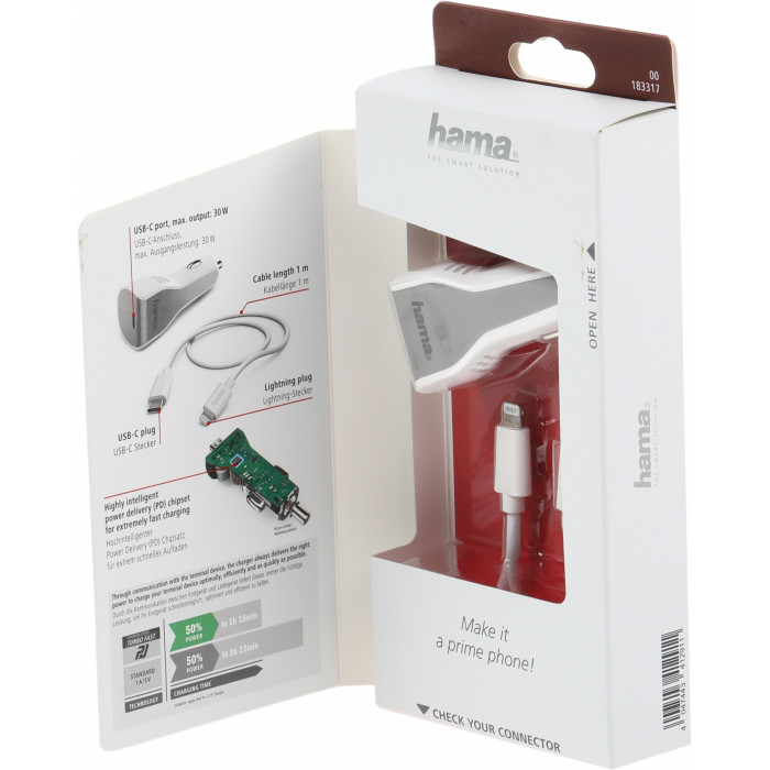 Автомобильное зар./устр. Hama H-183317 30W 3A (PD) USB Type-C для Apple белый (00183317)