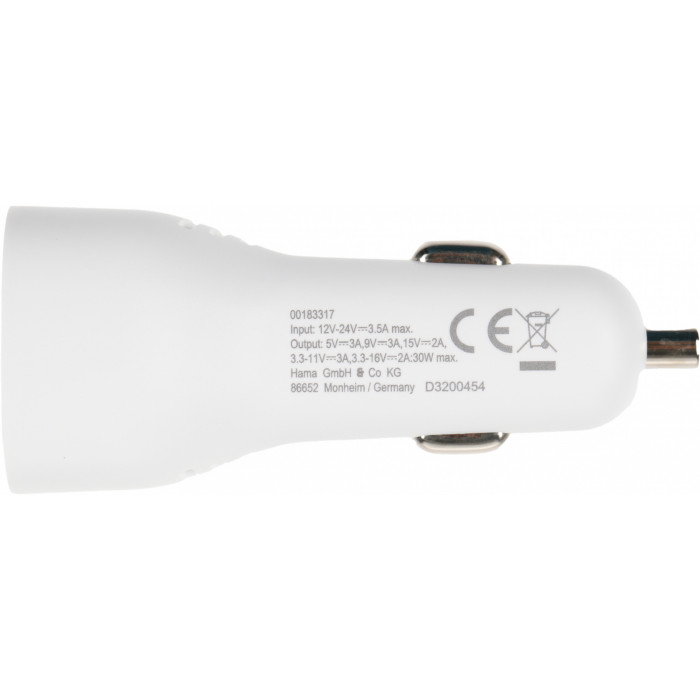 Автомобильное зар./устр. Hama H-183317 30W 3A (PD) USB Type-C для Apple белый (00183317)