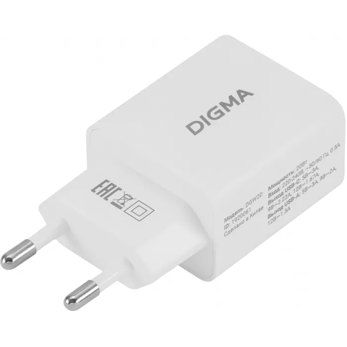 Сетевое зар./устр. Digma DGW2D 20W 3A+1A (PD+QC) USB-C/USB-A универсальное белый (DGW2D0F110WH)