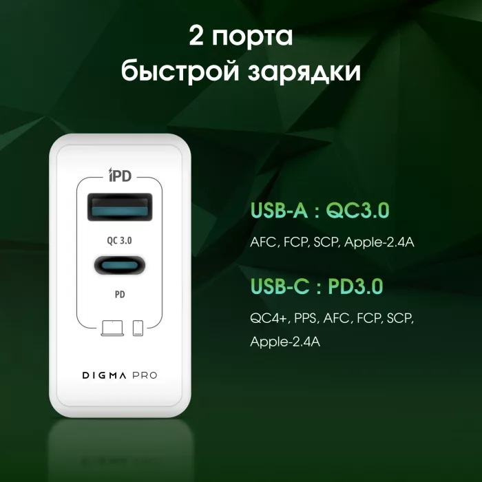 Сетевое зар./устр. Digma Pro DPW4A 45W 3A (PD+QC) USB-C/USB-A универсальное белый (DPW4A5GX11WH)